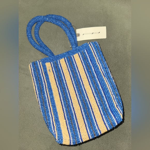 Nwt Anthropologie Beaded Mini‎ Tote Blue Motif Tan Striped - Picture 2 of 6